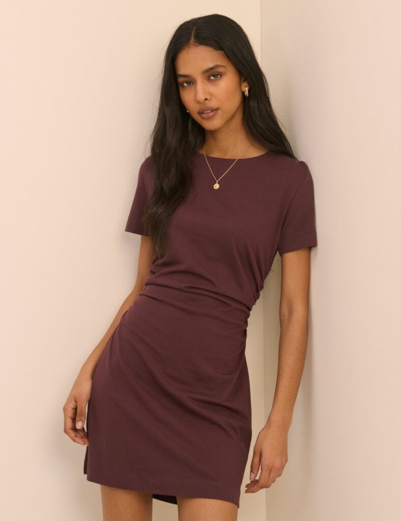 Brown Plum Cotton Shirt Short Sleeve Mini Dress