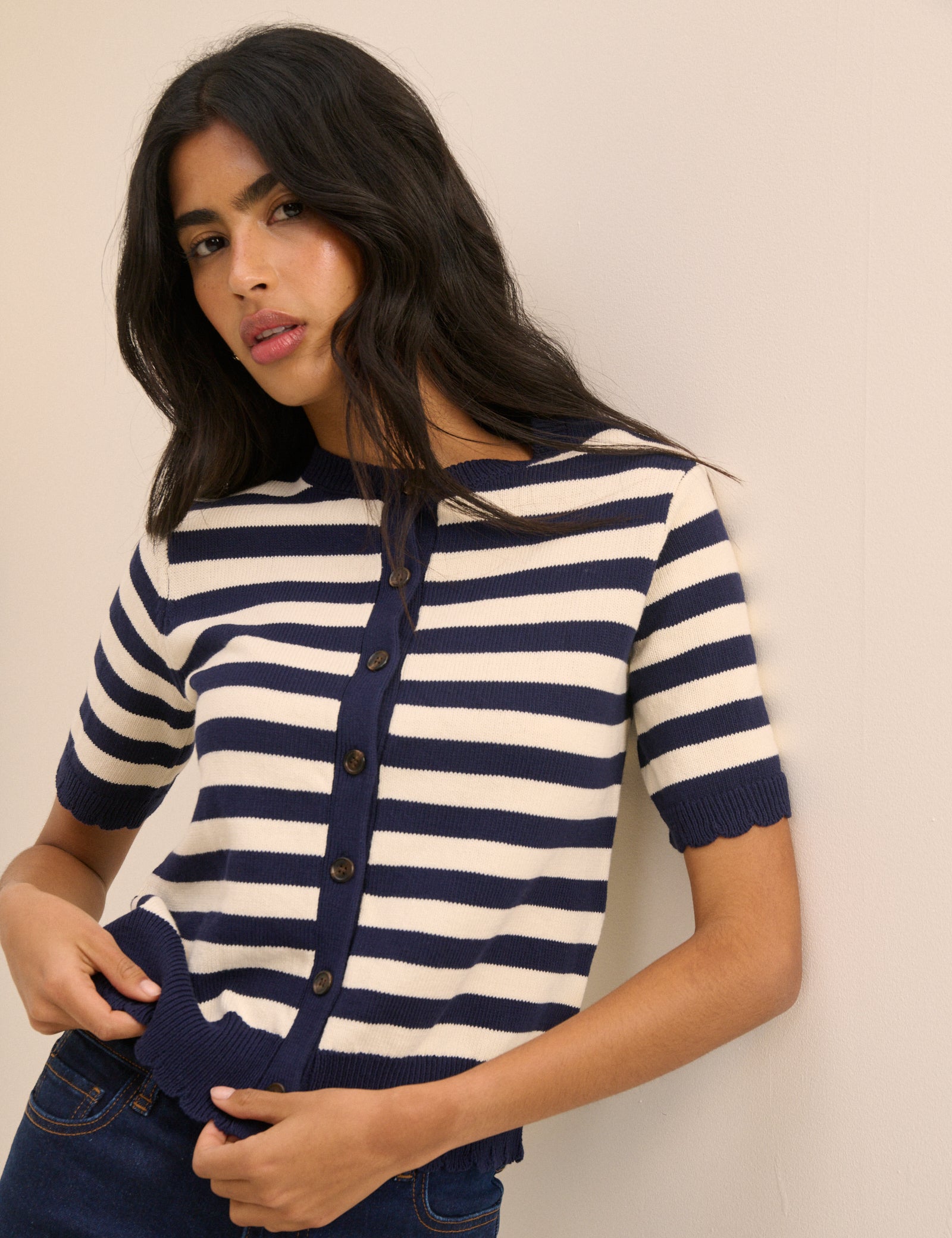Cream Striped Relaxed Refined Shorts