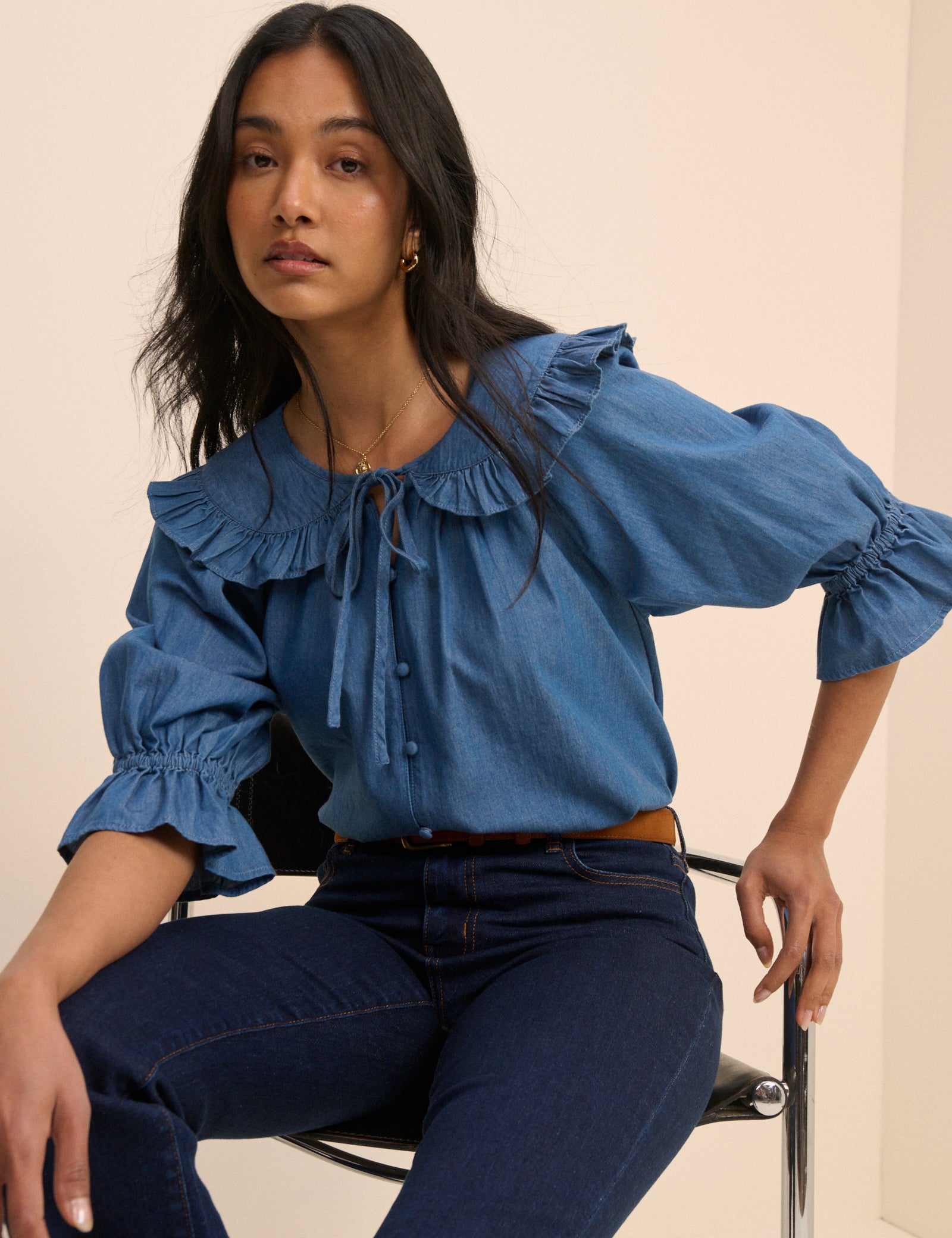 Mid Blue Denim Floral Short Sleeve Blouse - Image 4