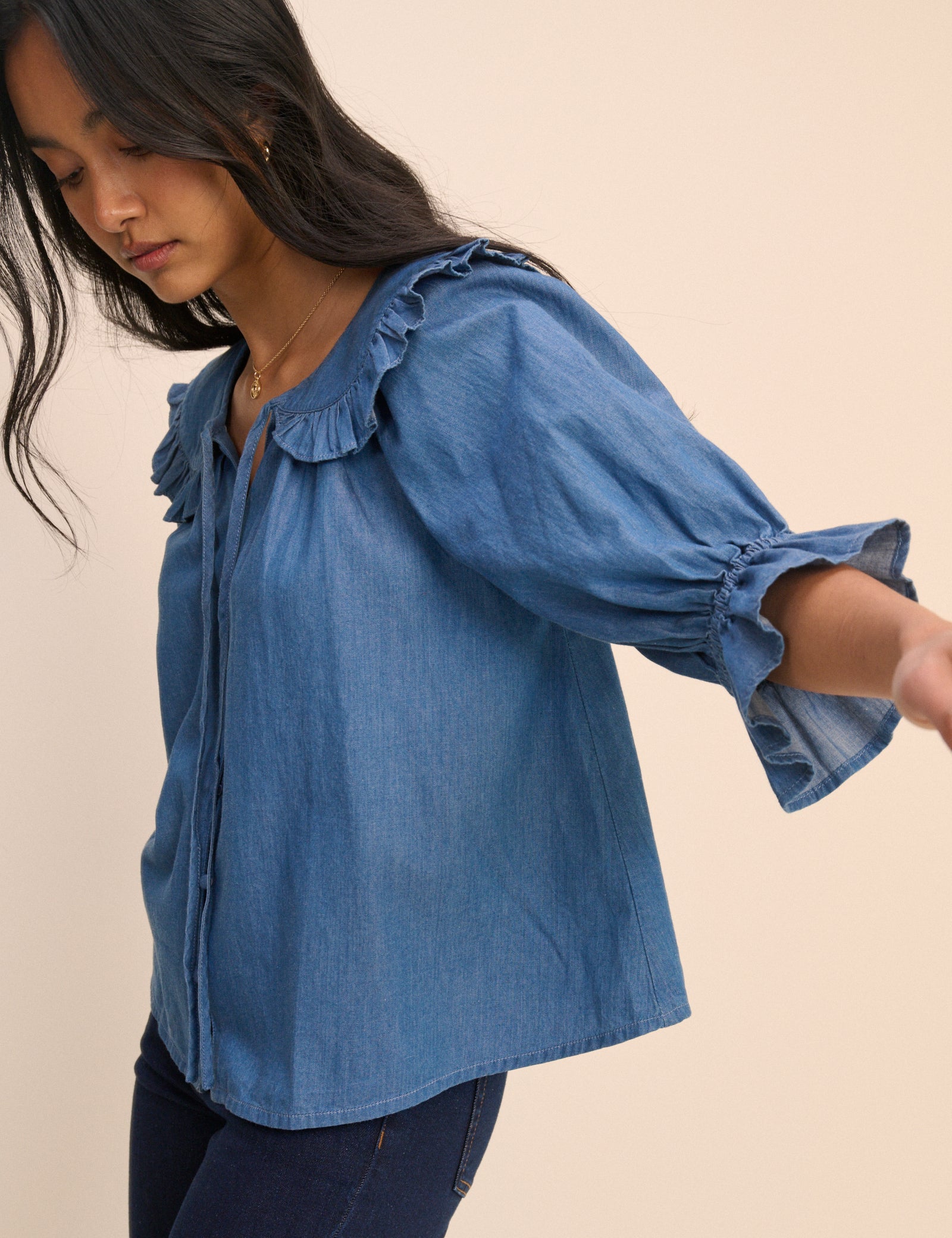Mid Blue Denim Floral Short Sleeve Blouse - Image 3