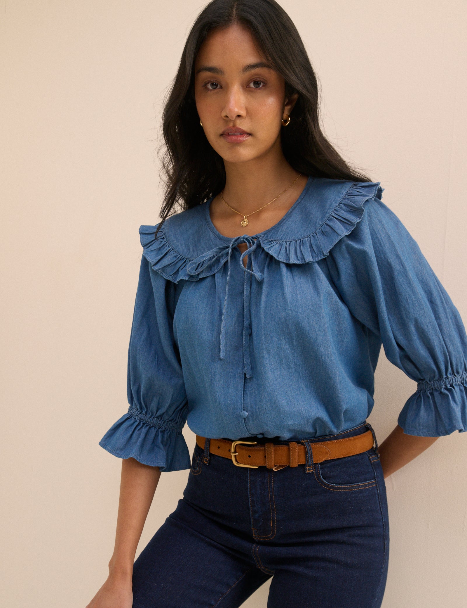 Mid Blue Denim Floral Short Sleeve Blouse - Image 2