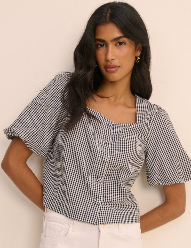 Black And White Gingham Puff Sleeve Top