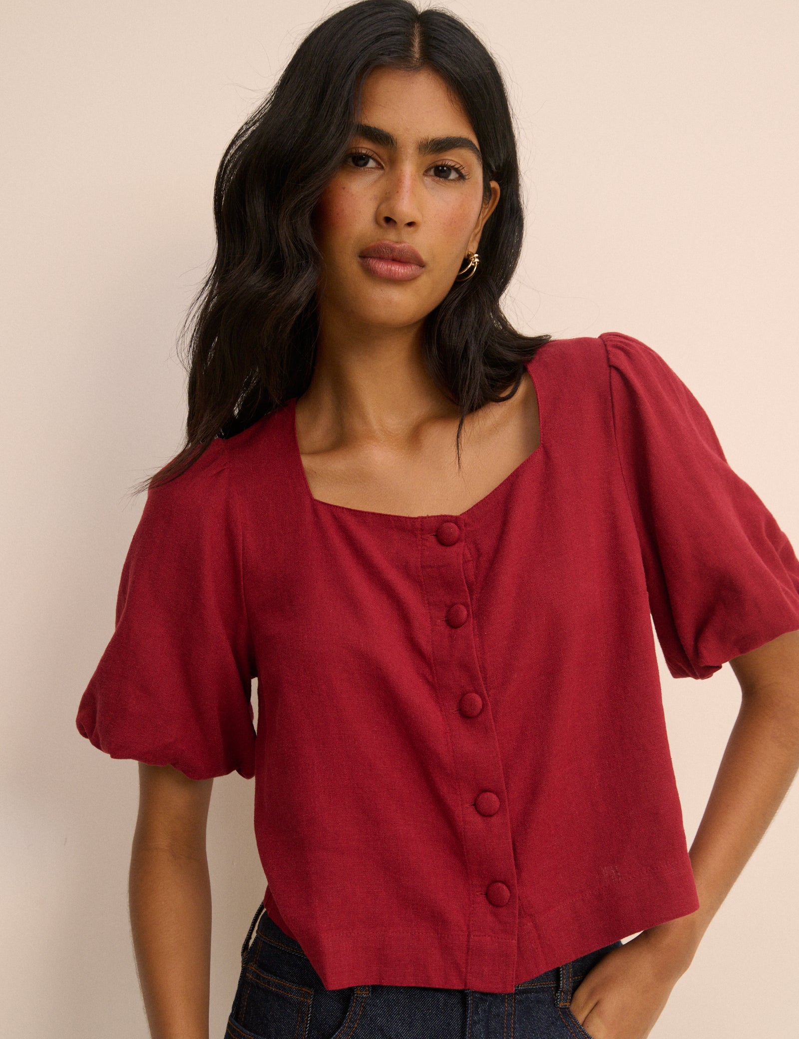 Red Linen Blend Puff Sleeve Top