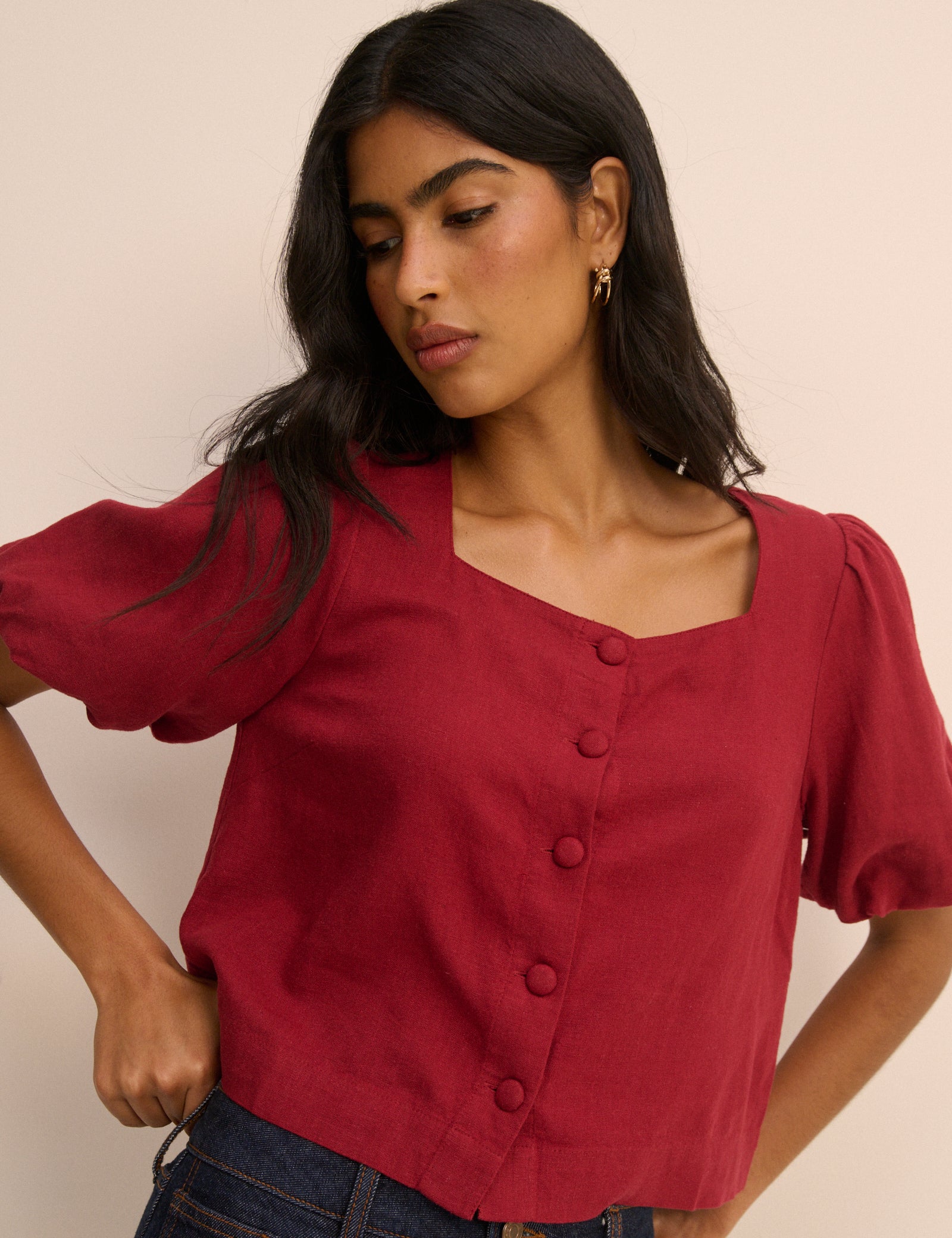 Red Linen Blend Puff Sleeve Top - Image 3