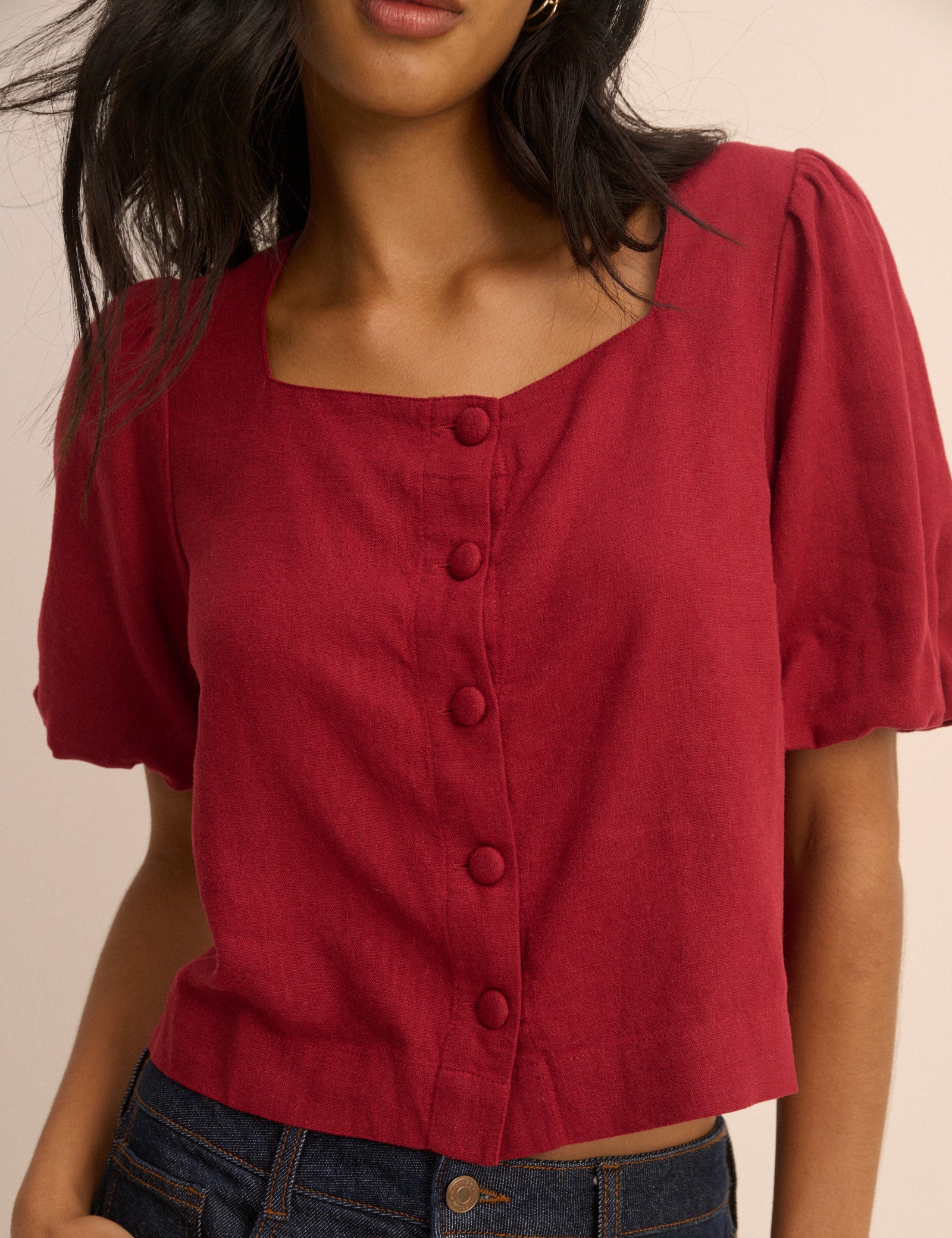 Red Linen Blend Puff Sleeve Top - Image 2