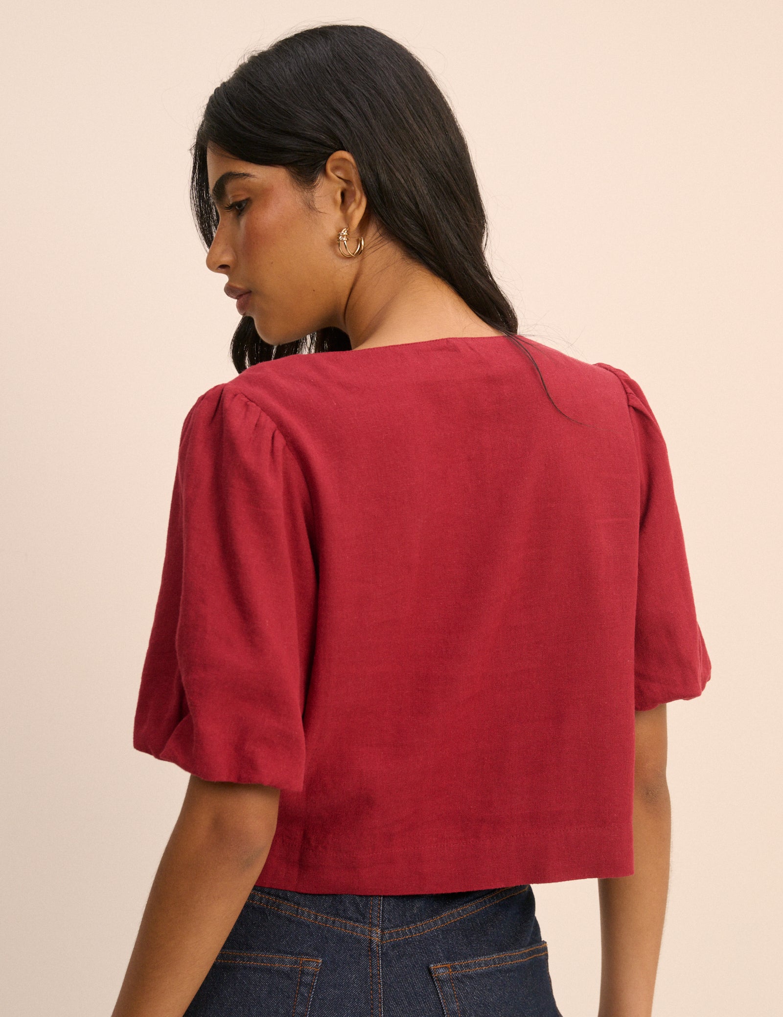 Red Linen Blend Puff Sleeve Top - Image 5