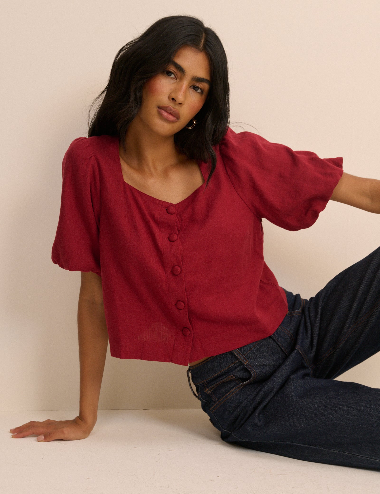 Red Linen Blend Puff Sleeve Top - Image 4