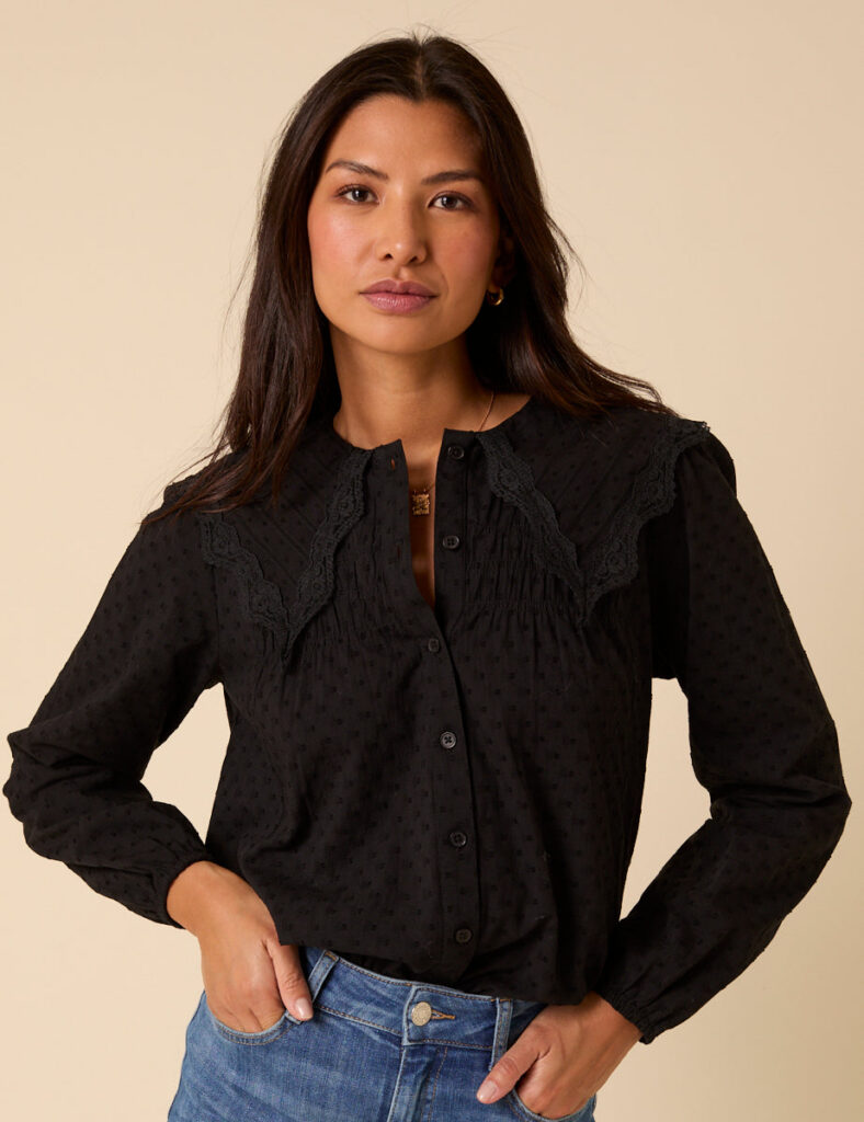 Black Embroidered Peter Pan Collar Blouse