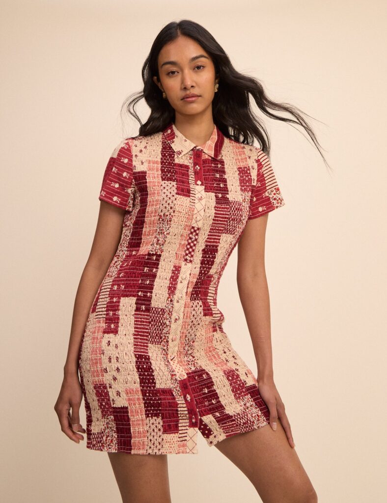 Cream Red Printed Cotton Button Front Mini Dress